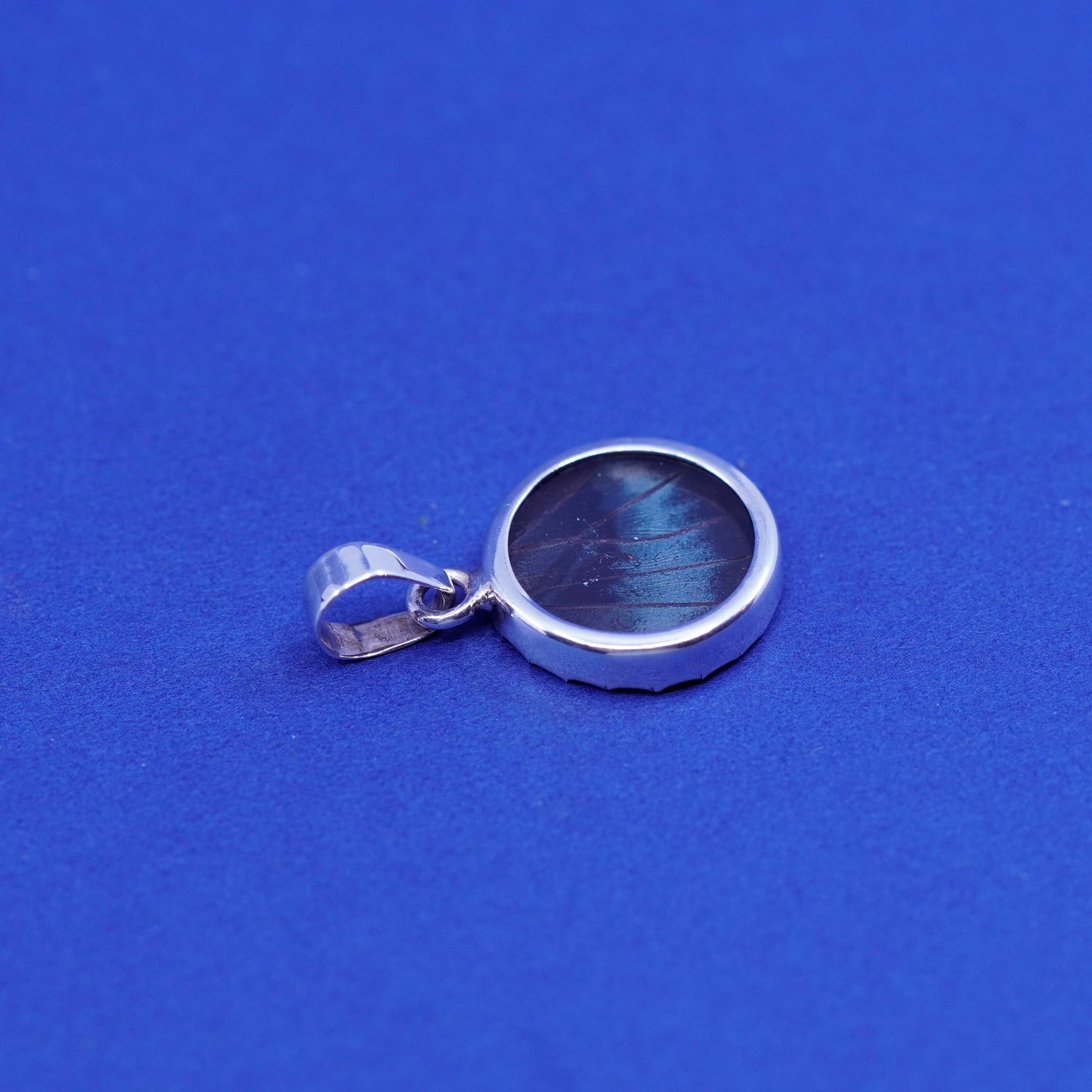 Vintage Sterling 925 silver handmade round pendant w/ resin blue butterfly wing