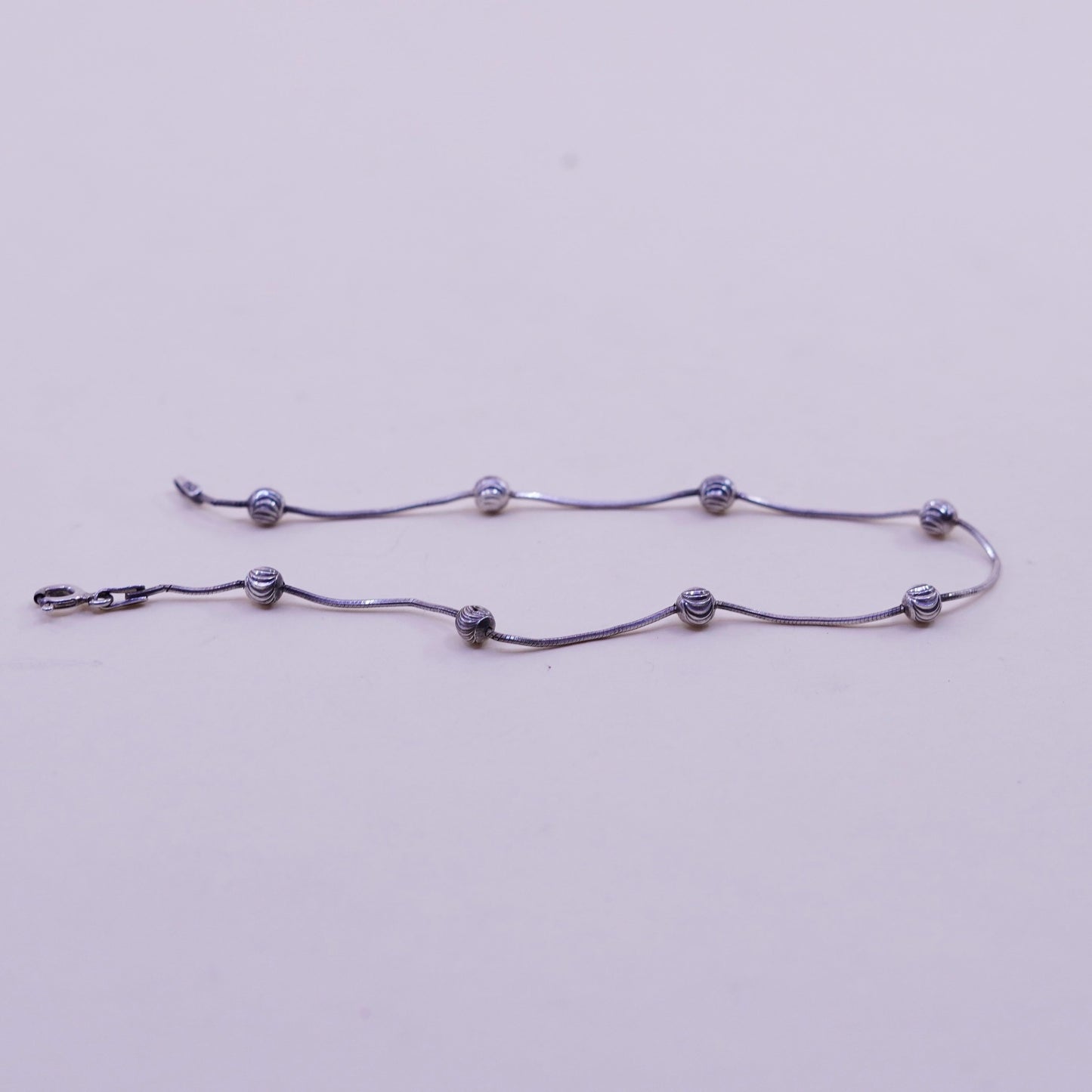 7.75”, 1mm, Vintage sterling silver bracelet, 925 snake chain with beads
