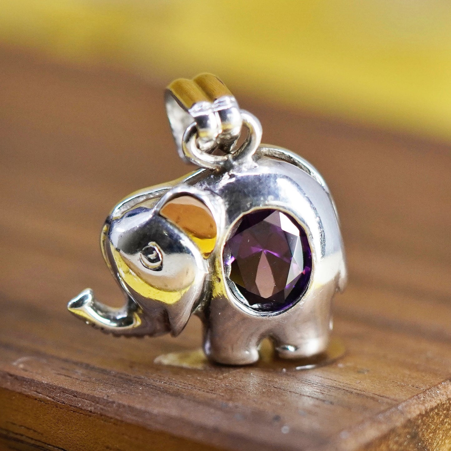 Vintage Sterling 925 silver elephant pendant with amethyst, 12K rose gold ear