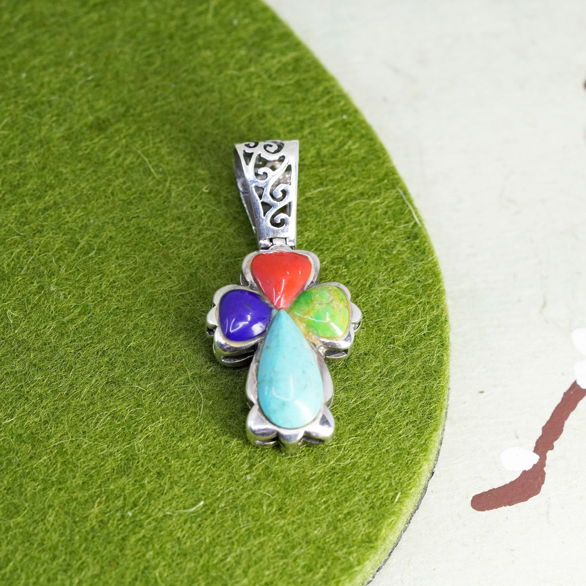 Southwestern sterling silver pendant, 925 cross turquoise lapis lazuli coral,