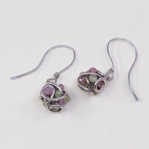 Vtg Handmade Lightweight 925 Sterling Silver Earrings With Wired Beads N Crystal