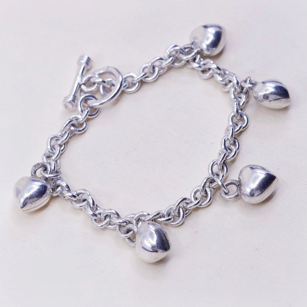 7“, 5mm, Vintage sterling 925 silver circle bracelet with solid heart charm