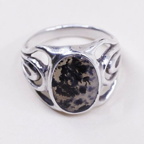 Sz 10, Vtg 925 sterling silver handmade ring W/ Dendritic agate, Silver Tested