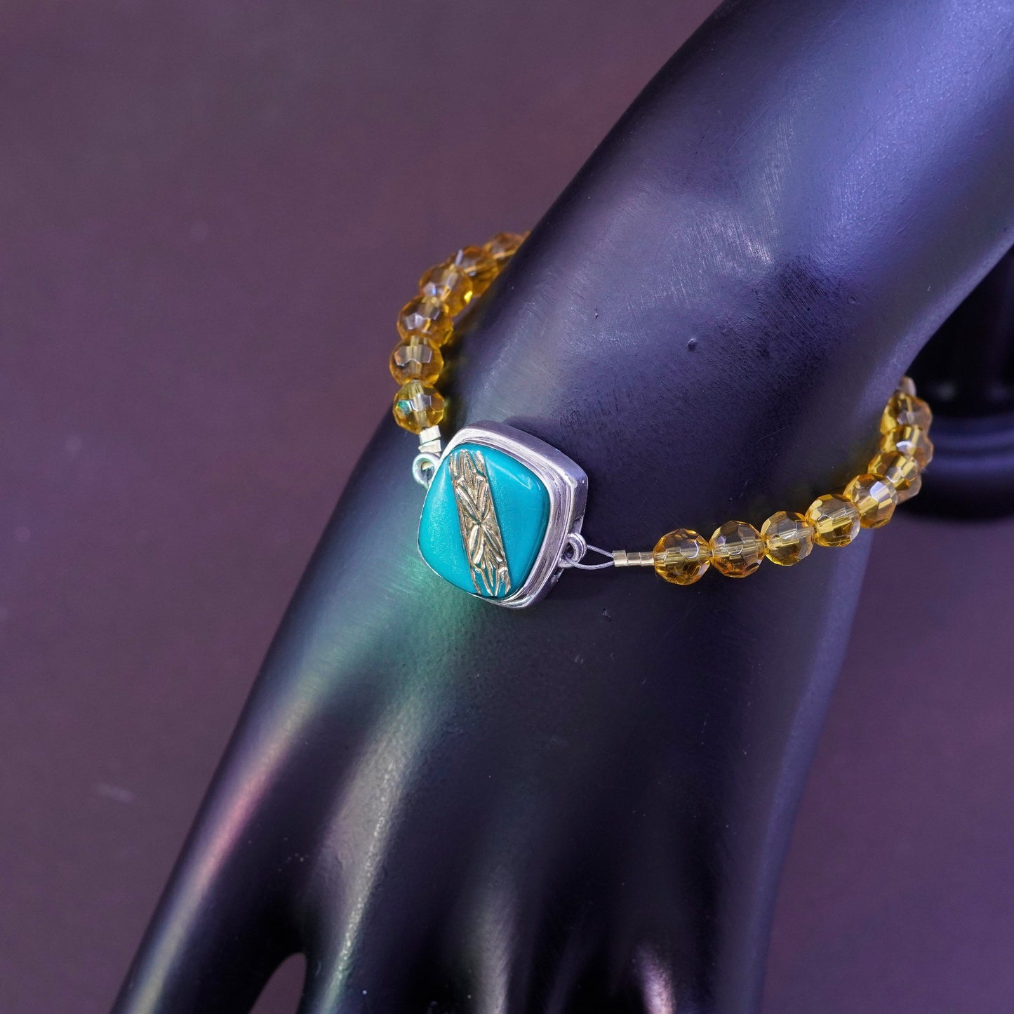 5.75”, Sterling silver handmade bracelet with citrine beads and turquoise
