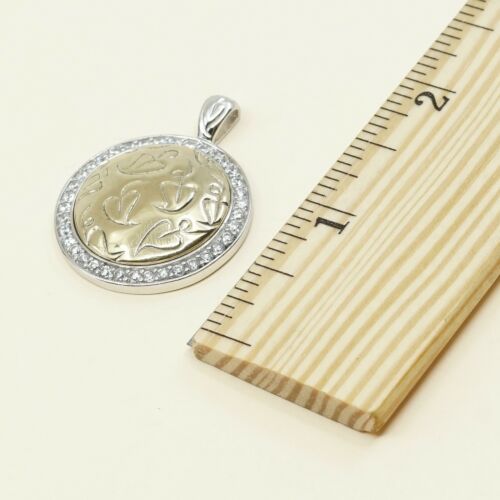 Vintage two tone Sterling silver pendant, 925 Circle Tag With Hearts N Crystal