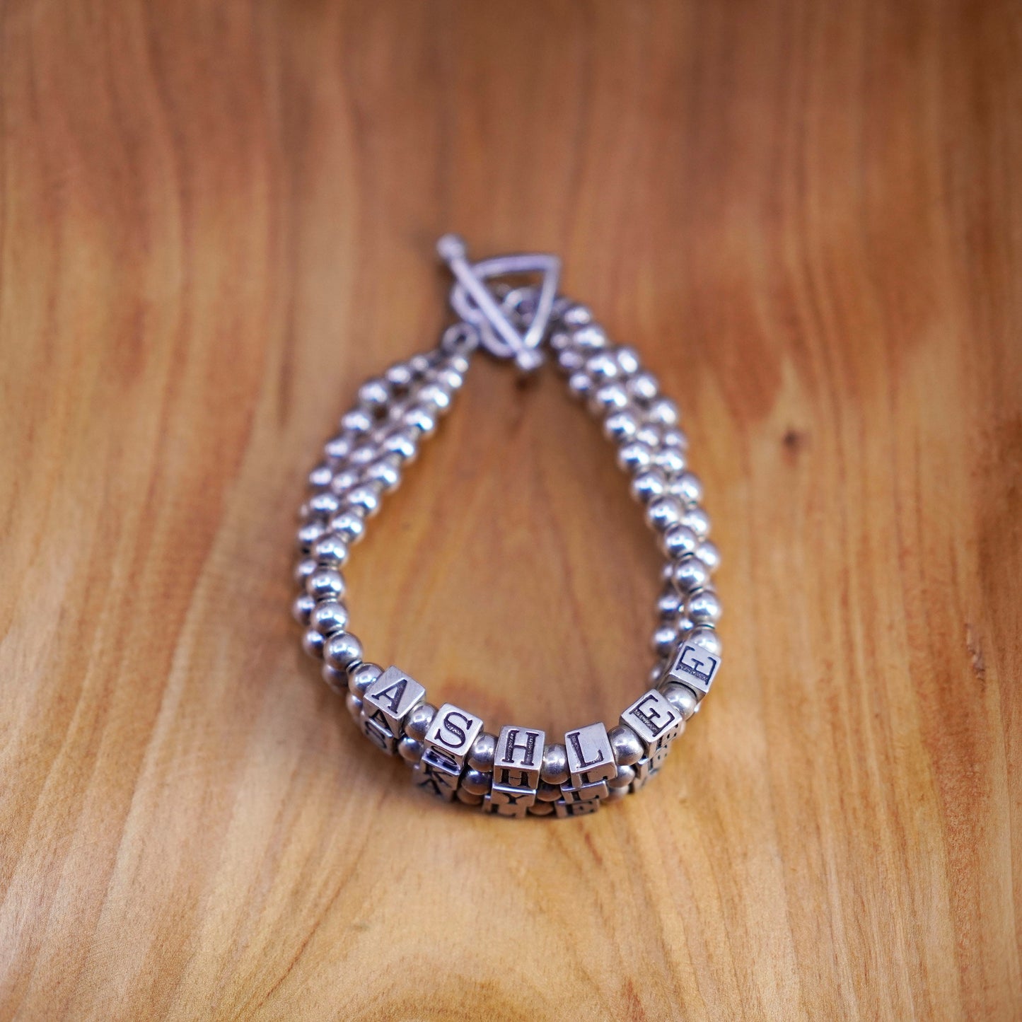 6.75”, Sterling 925 silver bracelet amethyst beads “Ashlee Skyler Alex” cubes