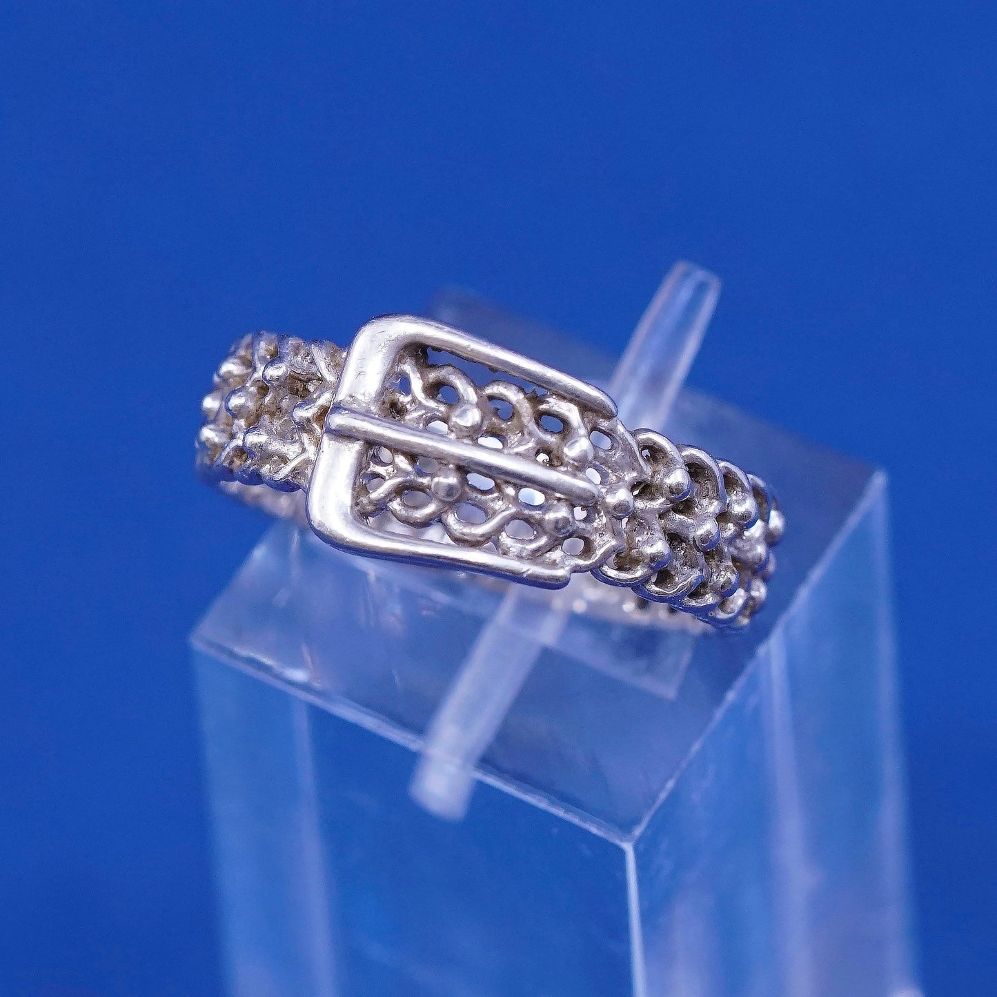 sz 7.25, vtg sterling silver handmade ring, 925 filigree belt band