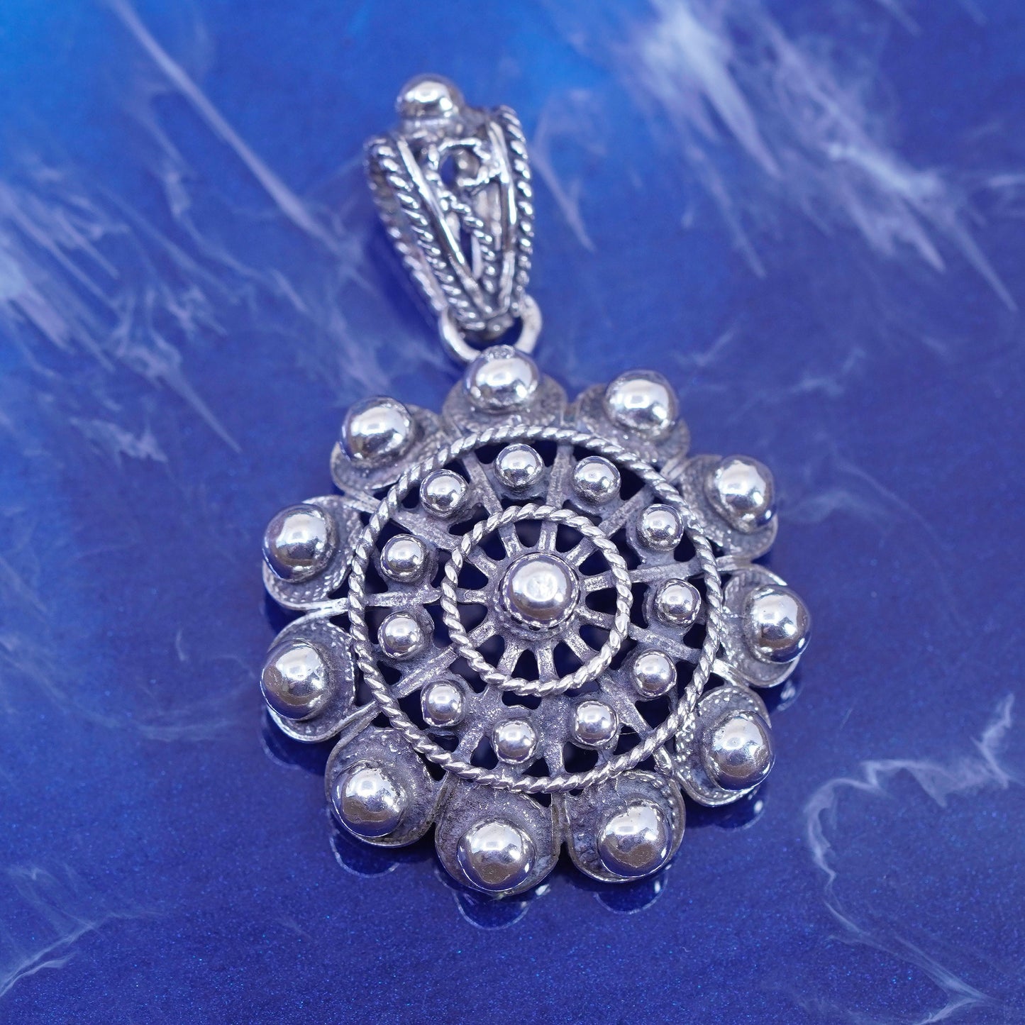 Vintage sterling silver handmade pendant, huge 925 flower pendant with beads