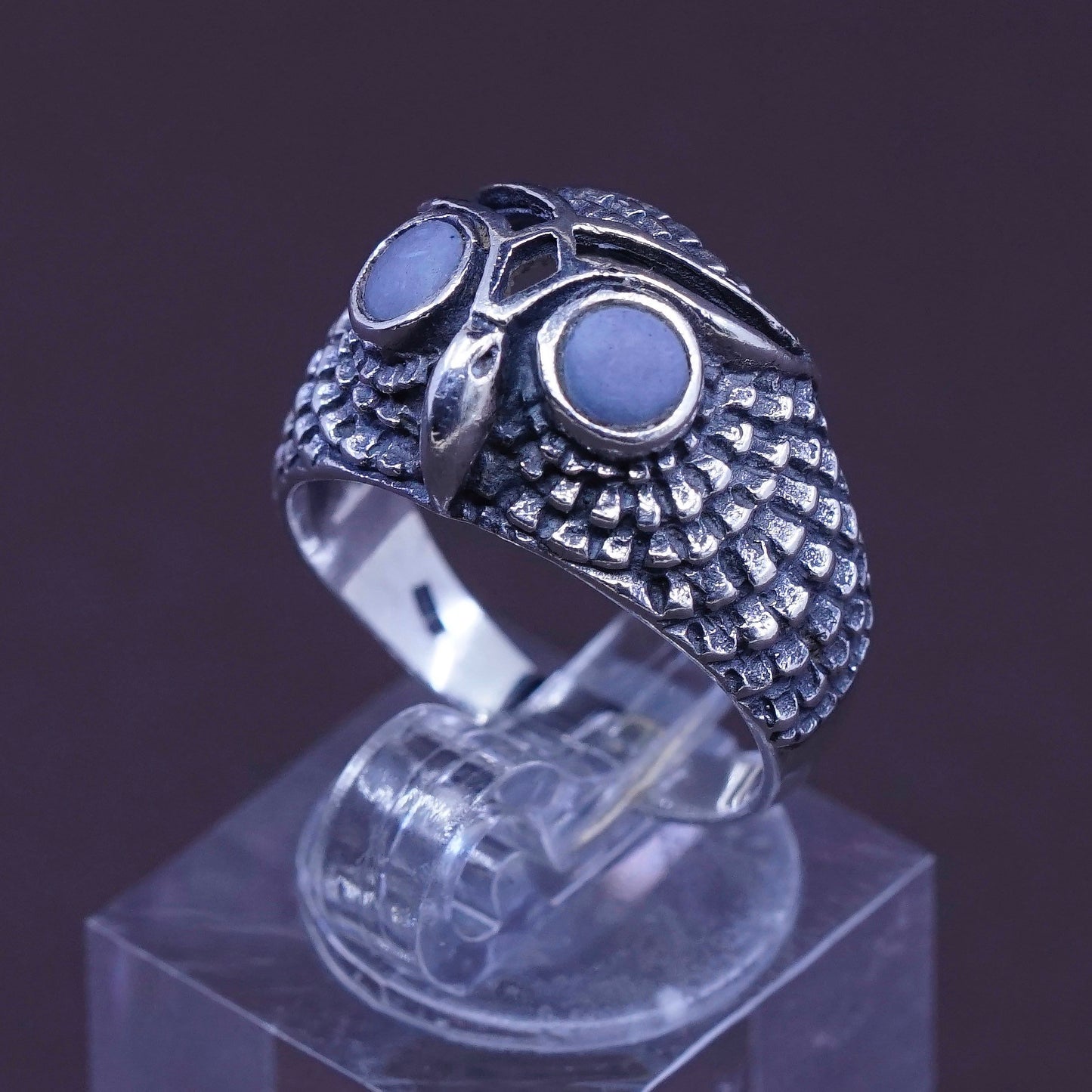 Size 7, vtg Sterling 925 silver handmade statement owl band ring with lapis