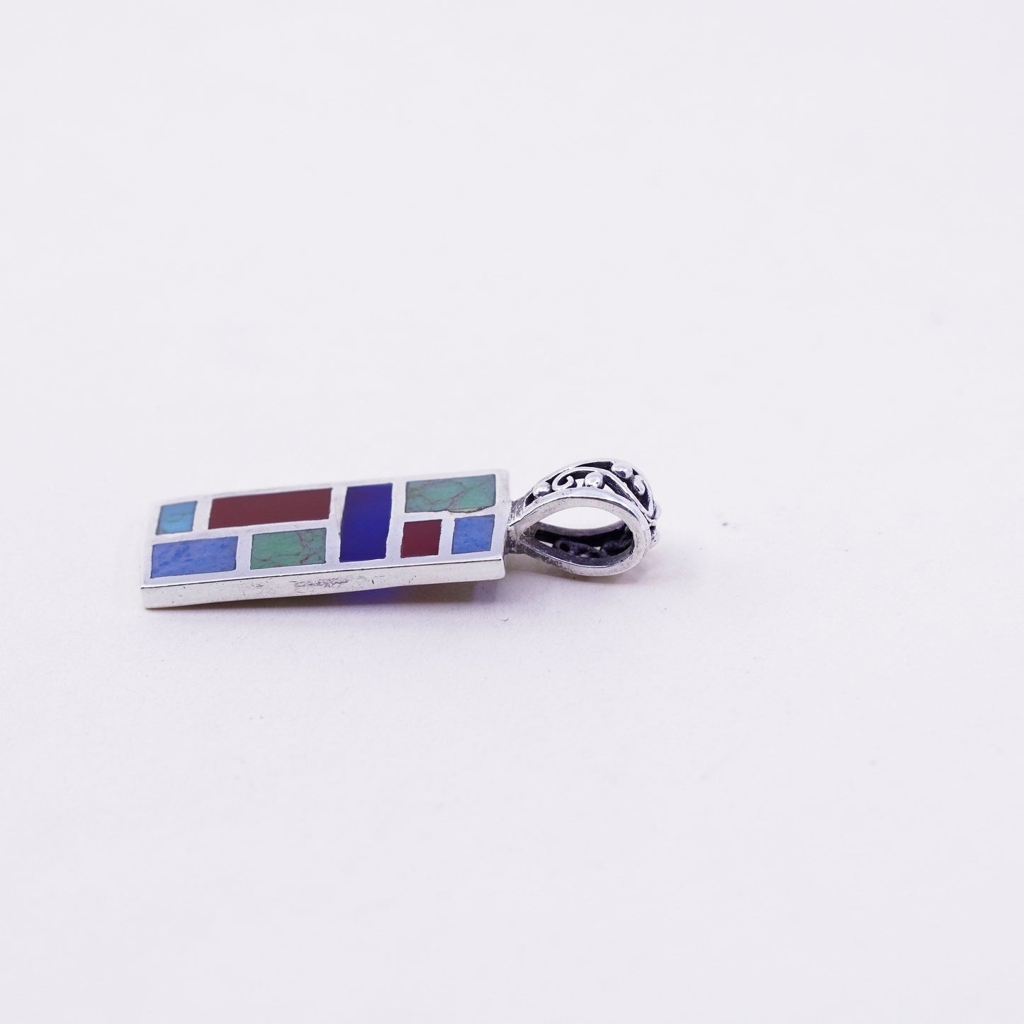 Vintage sterling 925 silver handmade rectangular pendant w/ red onyx turquoise