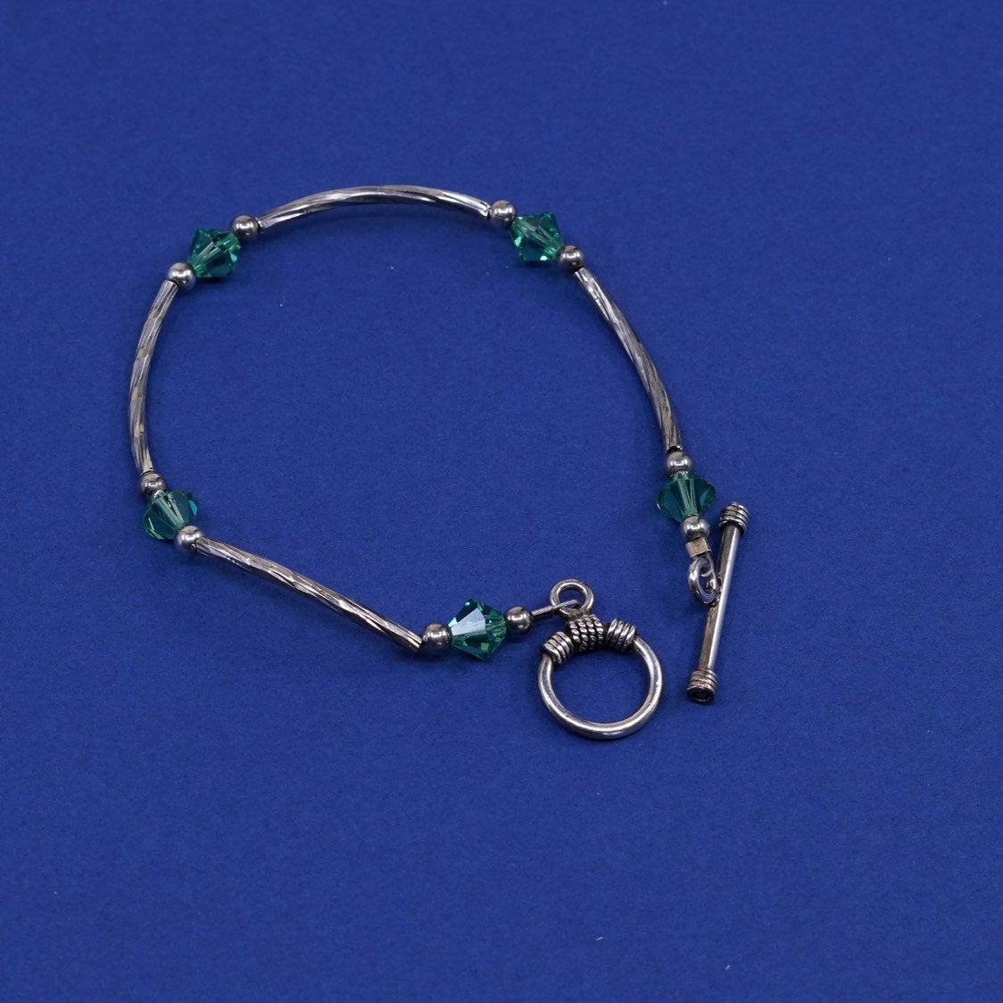 6.5", Sterling silver handmade bracelet, 925 bar tube w/ blue crystal beads
