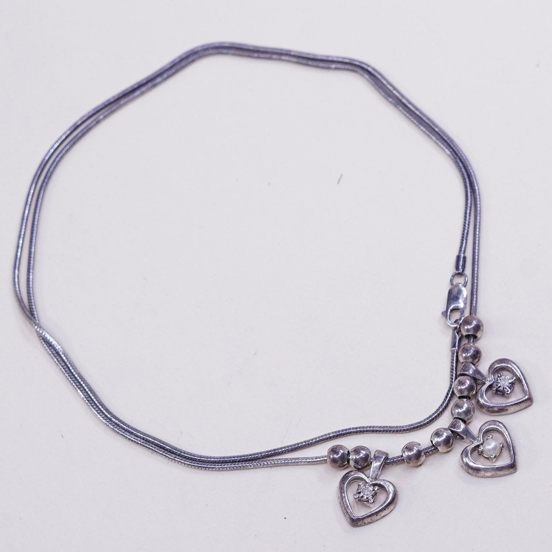 20", 1mm, vtg Sterling silver necklace, Italy 925 snake chain w/ heart pendant