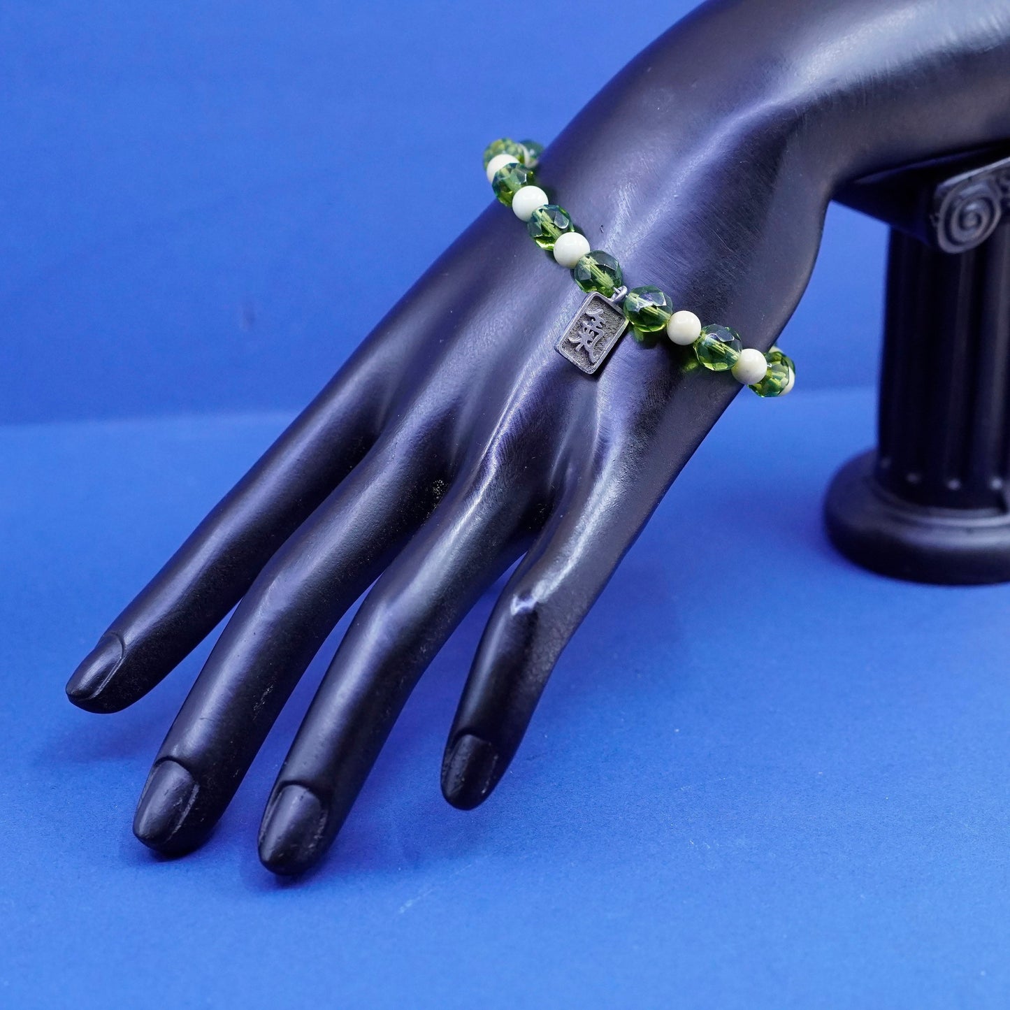 7”, sterling 925 silver handmade bracelet w/ green crystal beads energy charm