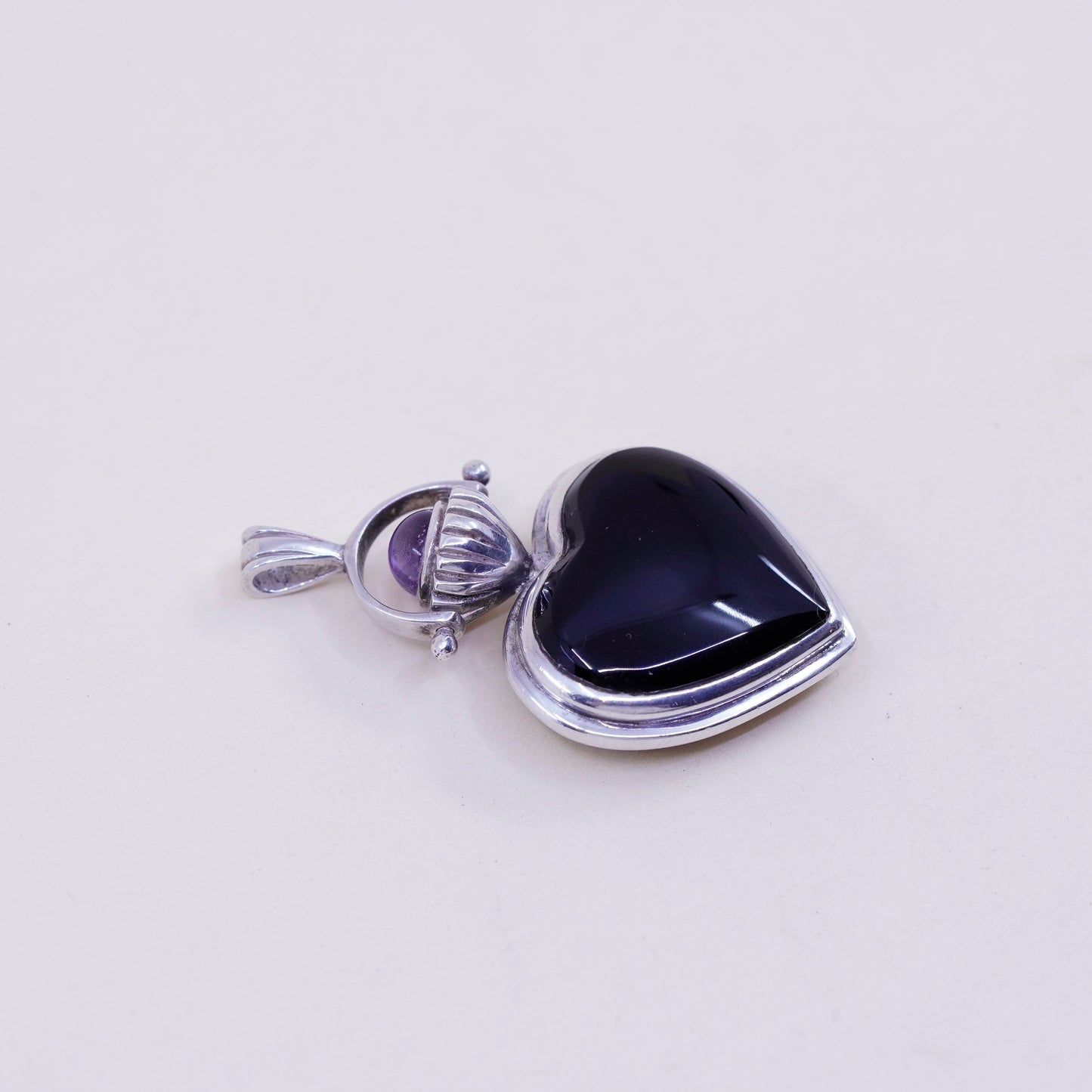 vintage sterling silver handmade pendant, 925 heart w/ obsidian mother of pearl