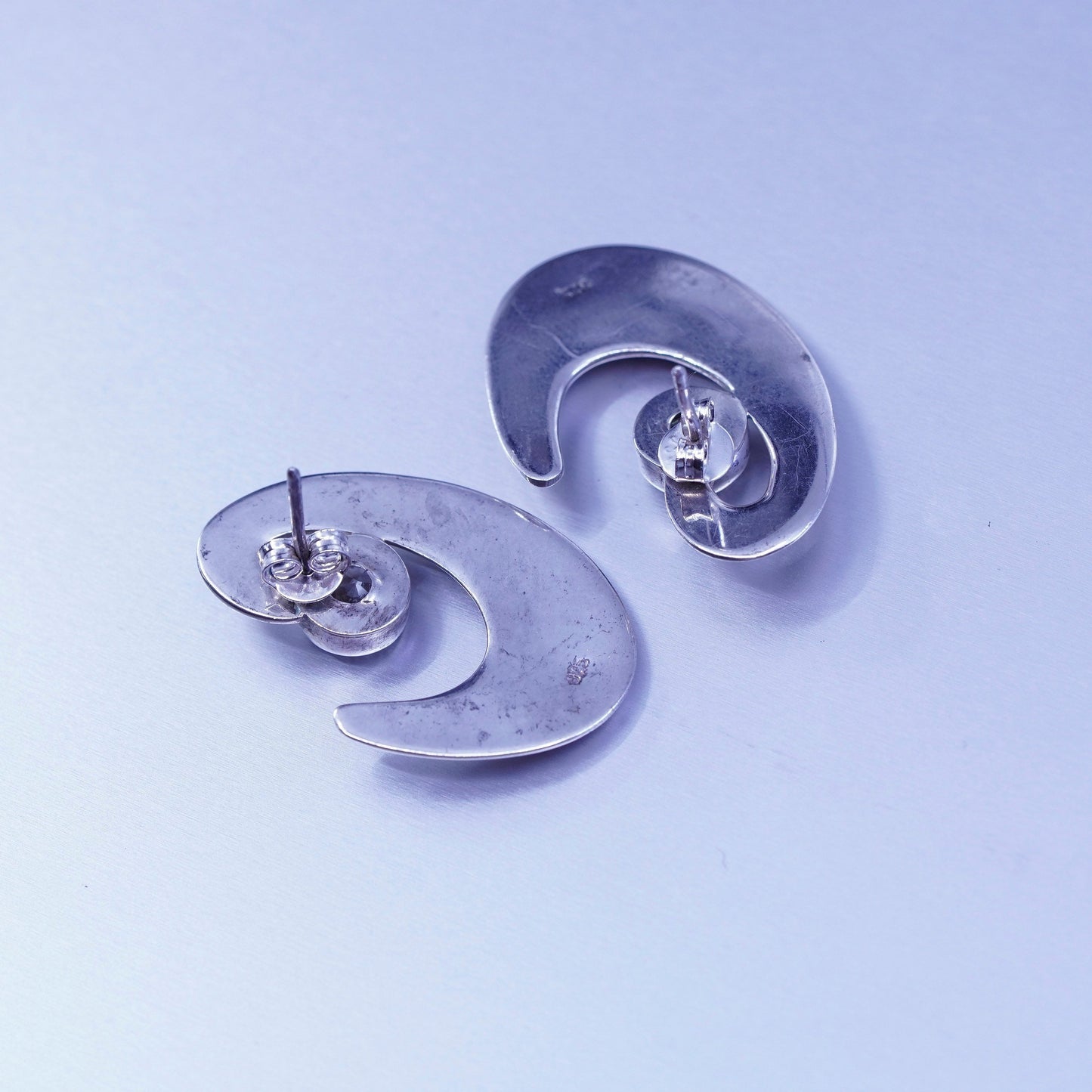 Vintage Sterling 925 silver handmade earrings, swirly studs with Cz inlay