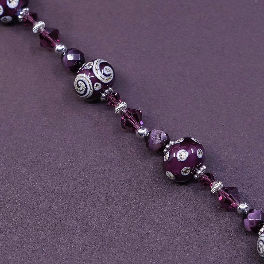 6.75”, vtg sterling 925 silver handmade chain, flower glass bead bracelet