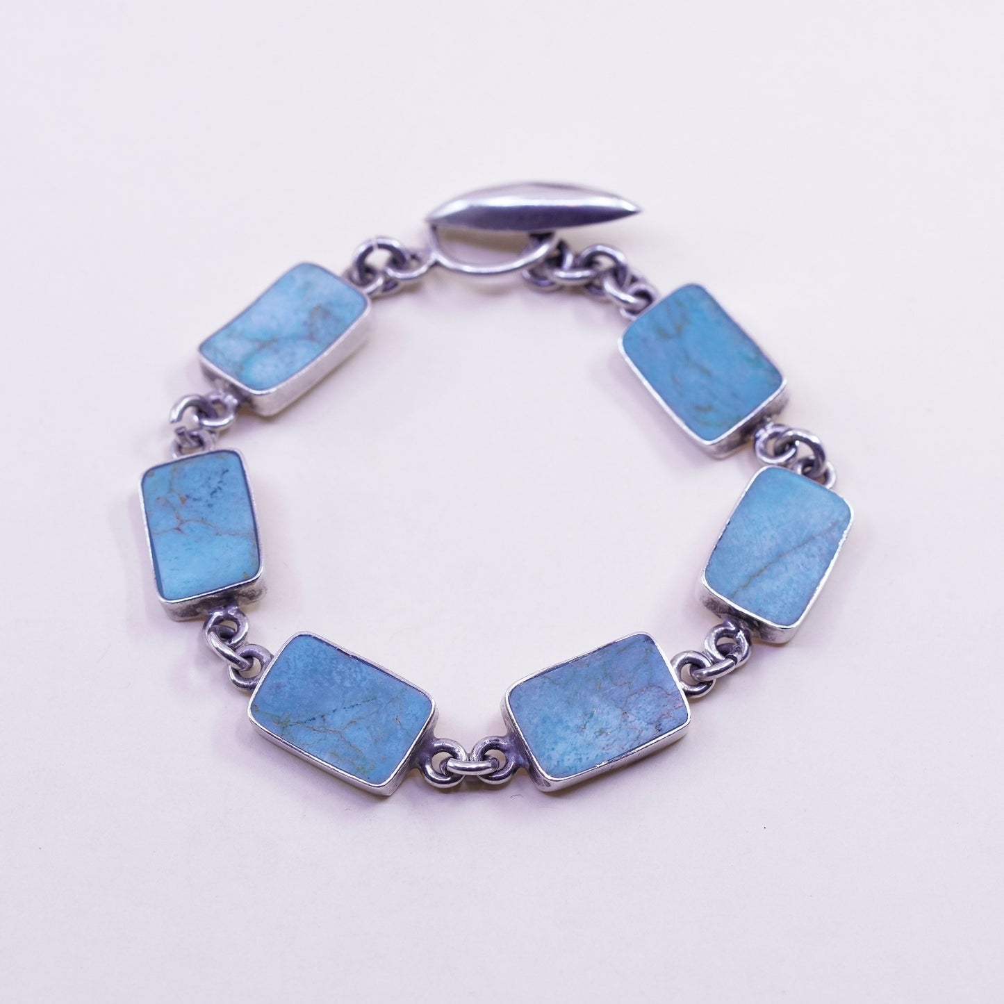 7.25”, vtg Sterling silver handmade bracelet, Mexico 925 chain square turquoise