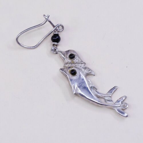 Vintage Sterling 925 Silver Handmade Dolphin Fish dangle earrings W/ Obsidian