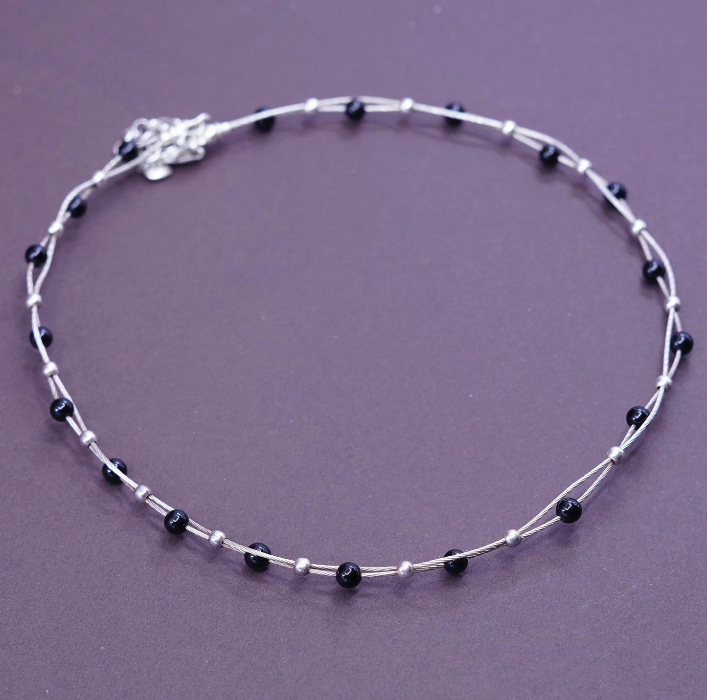 14+2”, Vintage Sterling 925 silver handmade twisted chain with obsidian beads