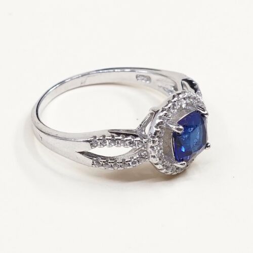 Sz 7.25, Sterling Silver Ring, 925 Silver Engagement Ring W/ blue Sapphire