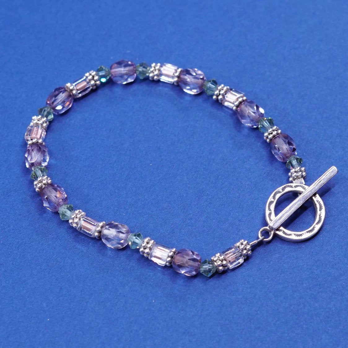 6.25”, vtg sterling silver handmade bracelet, 925 w/ purple crystal beads