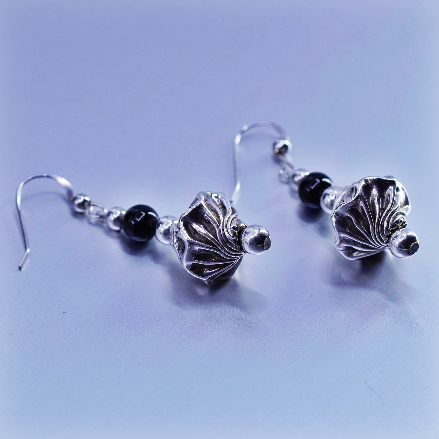Vintage Sterling 925 silver handmade twisted earrings drops with obsidian beads