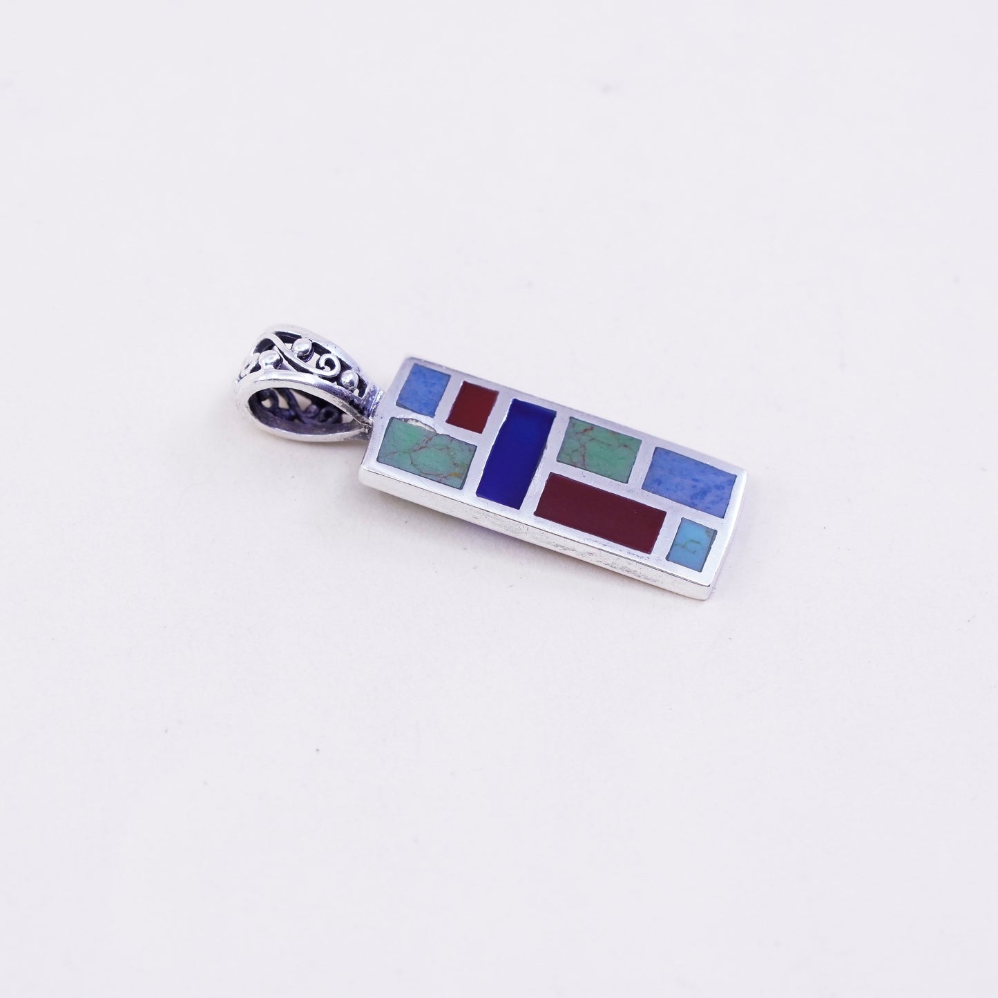 Vintage sterling 925 silver handmade rectangular pendant w/ red onyx turquoise