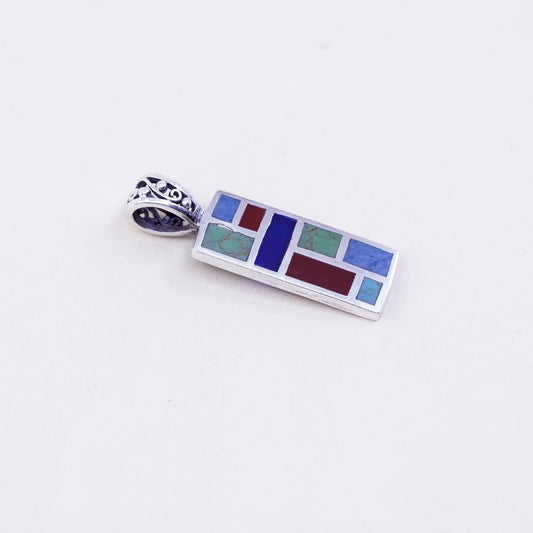 Vintage sterling 925 silver handmade rectangular pendant w/ red onyx turquoise