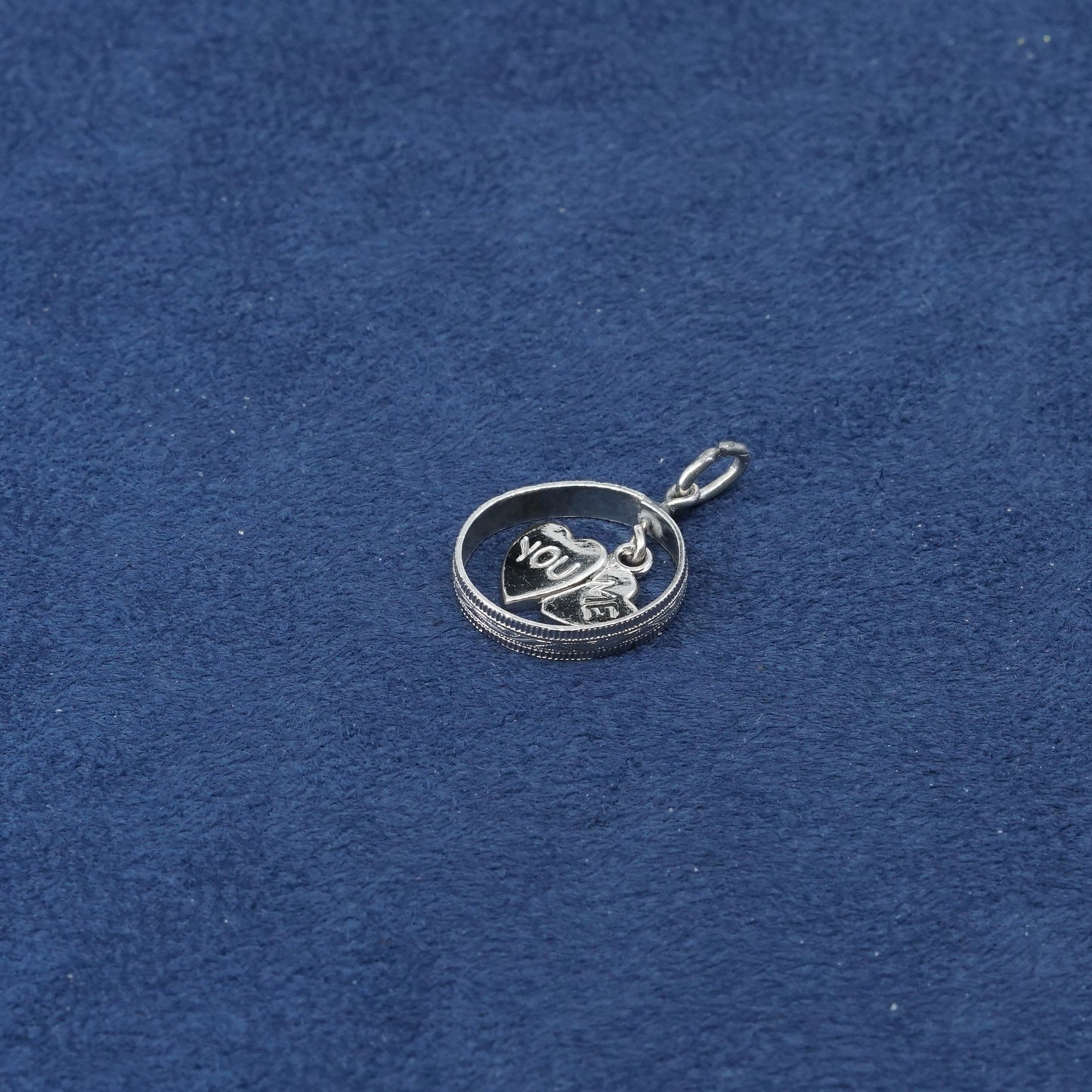 vtg sterling silver handmade pendant, 925 double heart charm embossed “you, me