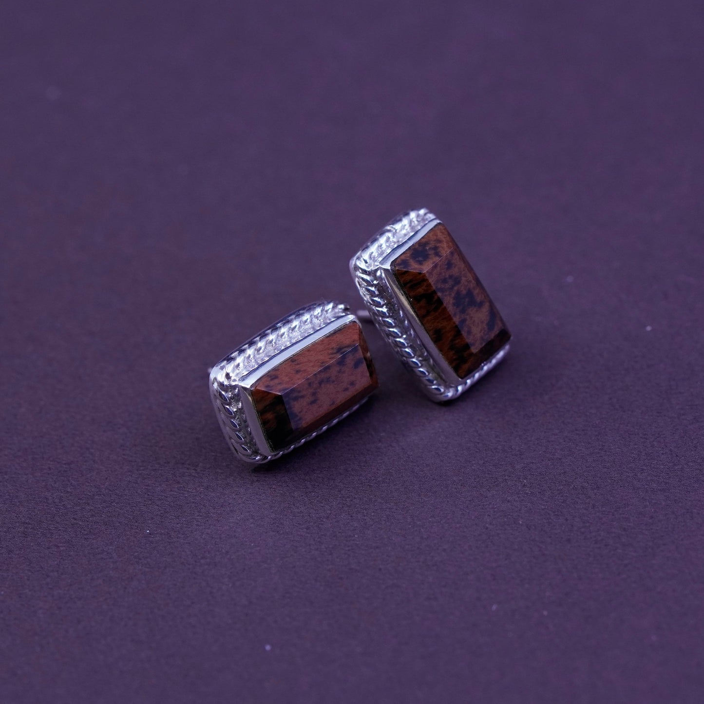 handmade Sterling silver earrings, 925 rectangular with jasper studs with cable