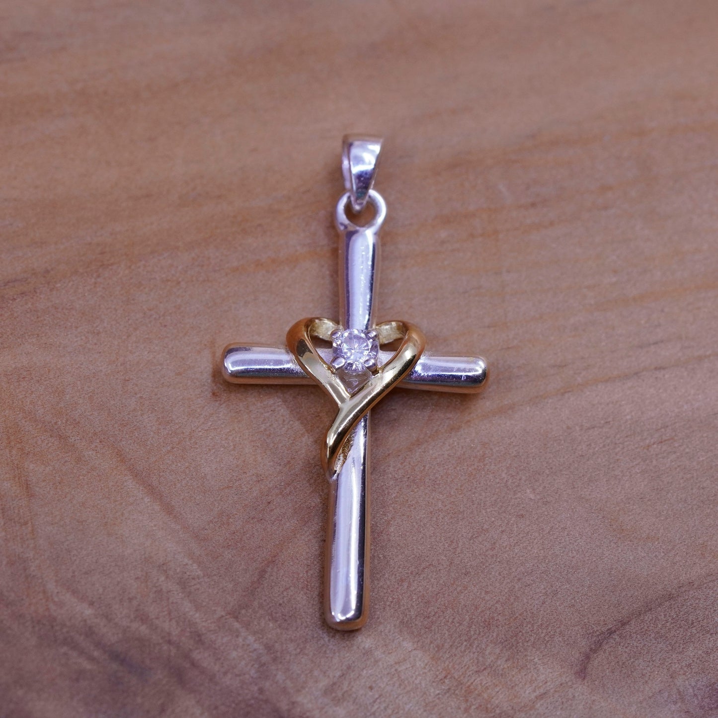 Vintage Sterling silver handmade pendant, 925 cross with heart and cz