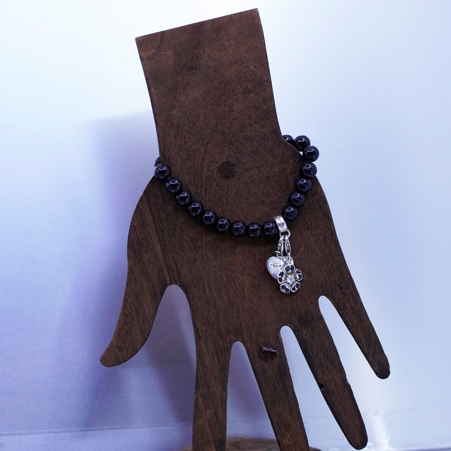 Thomas Sabo Sterling 925 silver bracelet flower heart charm obsidian beads