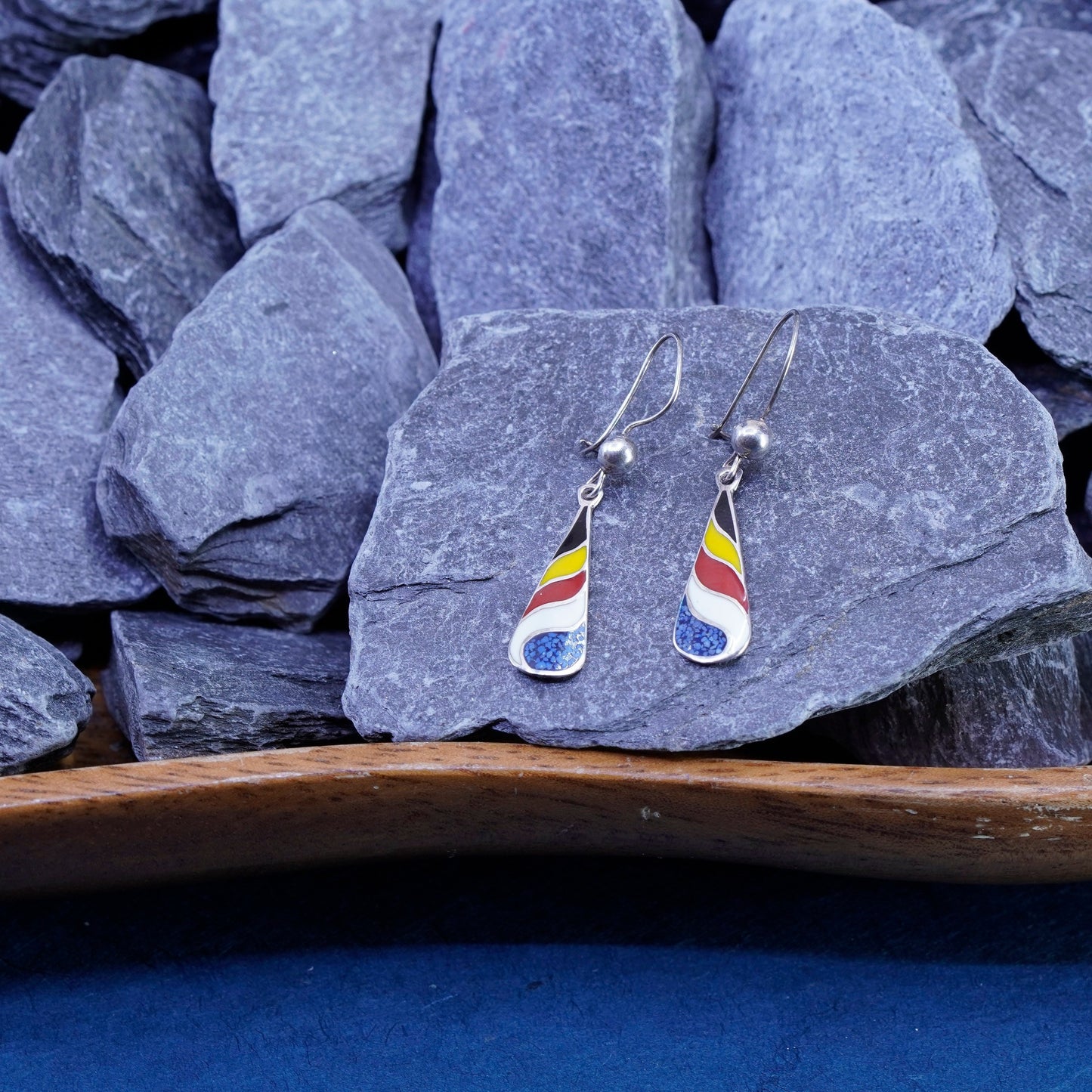 Vintage sterling 925 silver handmade teardrop earrings with enamel