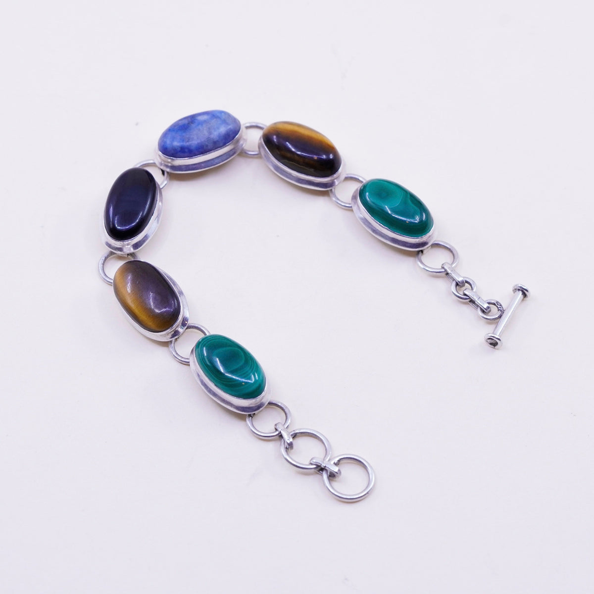 6.75+1”, Sterling silver handmade bracelet, Mexico 925 sodalite onyx tiger eye