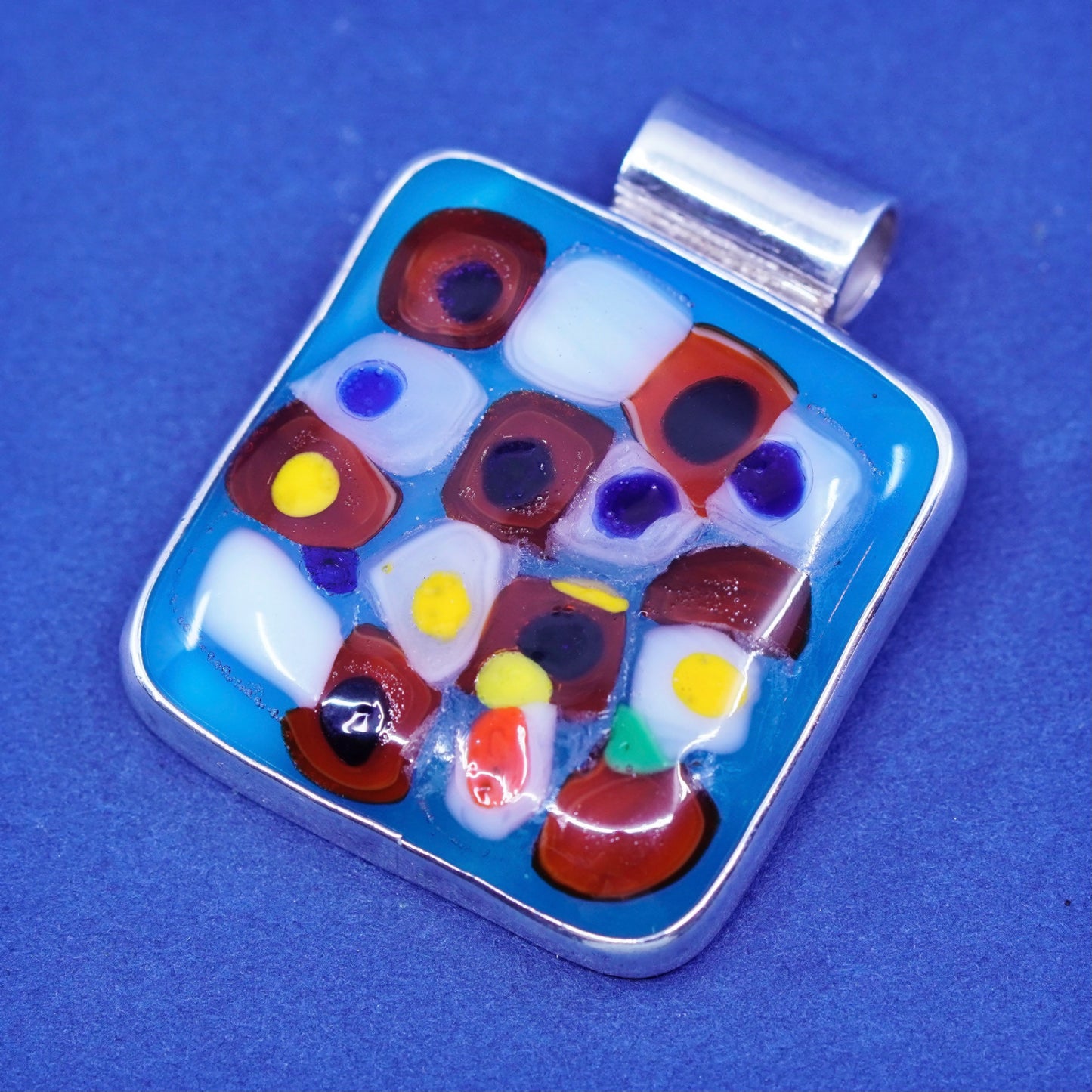 Vintage sterling 925 silver handmade pendant with square blue dichroic glass