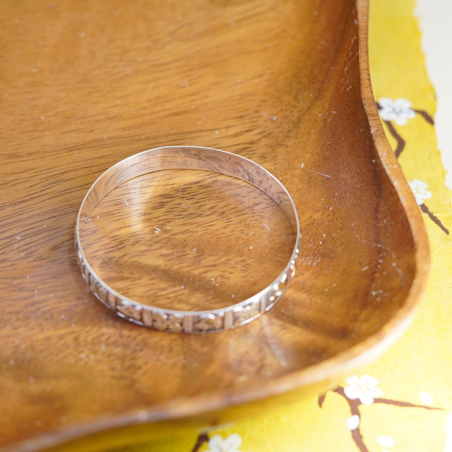 7”, modern Sterling silver handmade bracelet, 925 bangle turtle flower relief