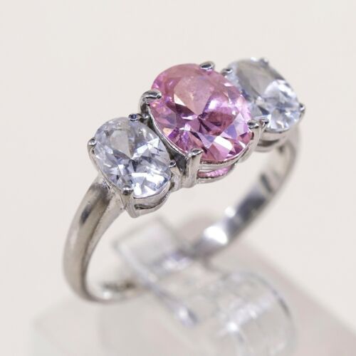 Sz 8, Sterling Ring, 925 Silver Fashion Engagement Ring W/ Pink N Clear Cz