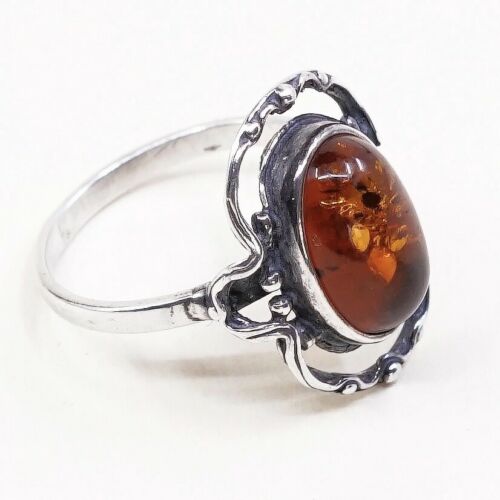 Sz 6.75, Orangle Amber Cabochon Sterling 925 Silver Handmade Ring