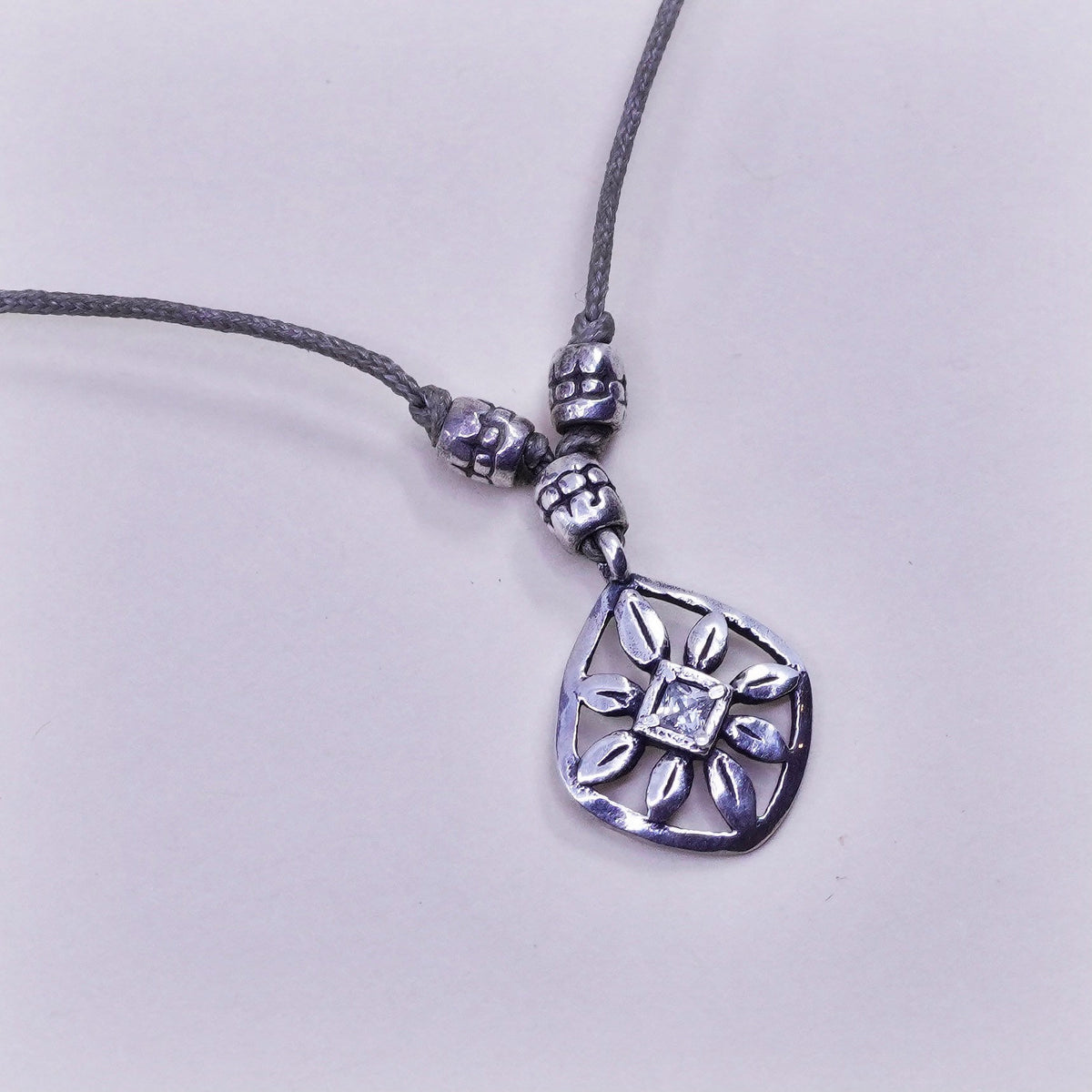 16”, Vintage linen necklace and Sterling 925 silver flower pendant