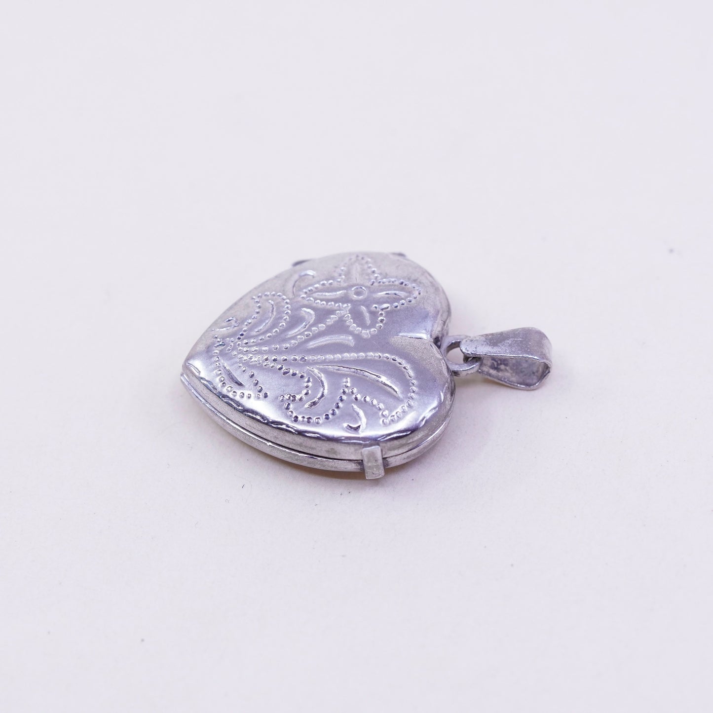 Vintage sterling silver photo locket charm pendant, textured 925 heart