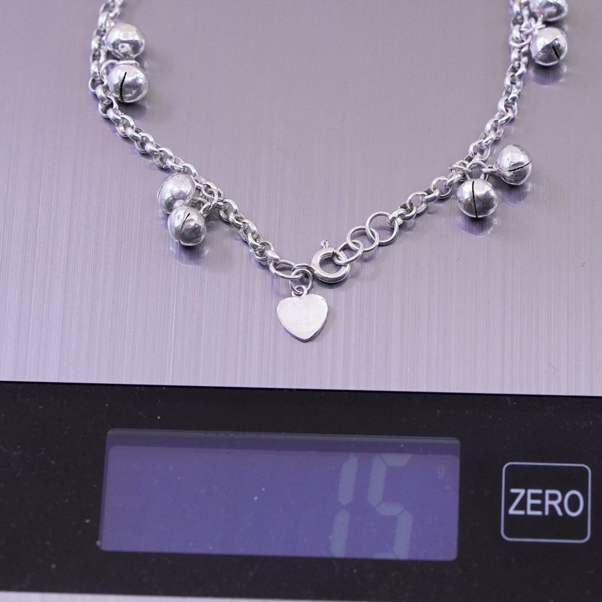 9.5”, Sterling Silver Bracelet, 925 belly dancer chain anklet chime bell charms