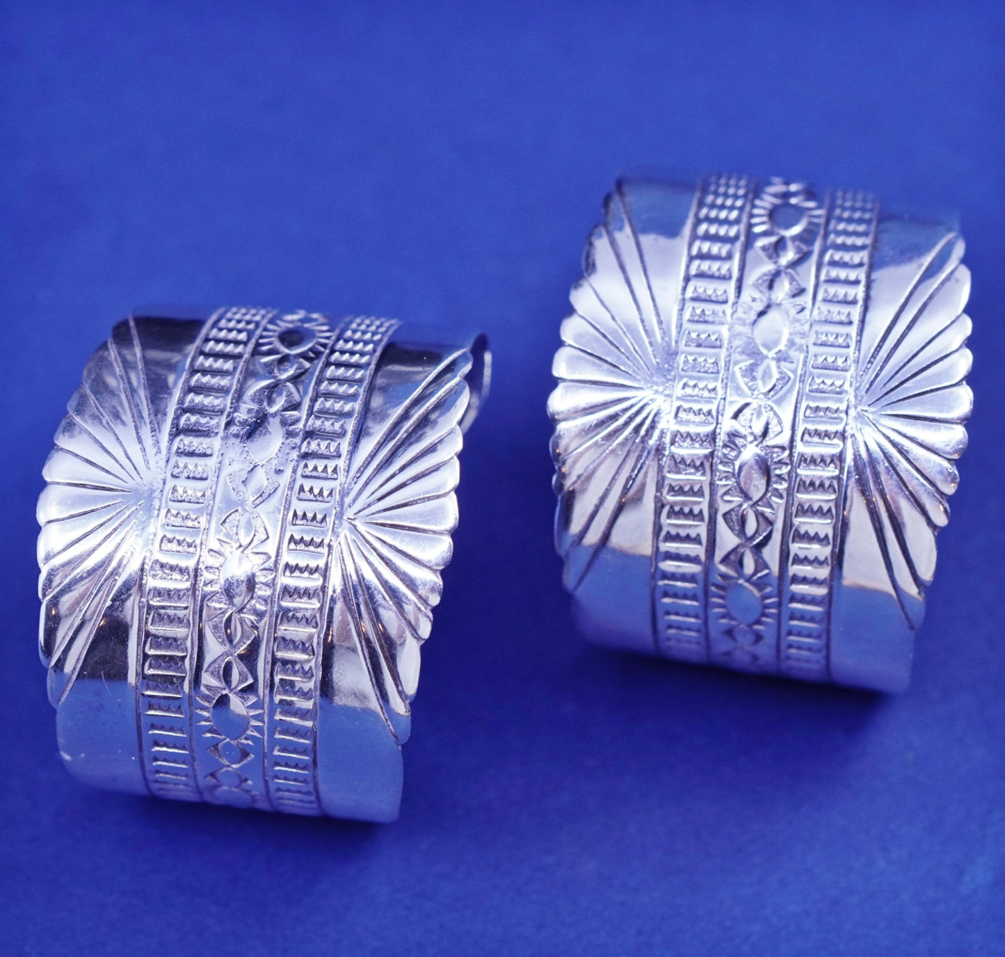 1.25”, Sterling silver earrings, southwestern style 925 textured hoops, Huggies