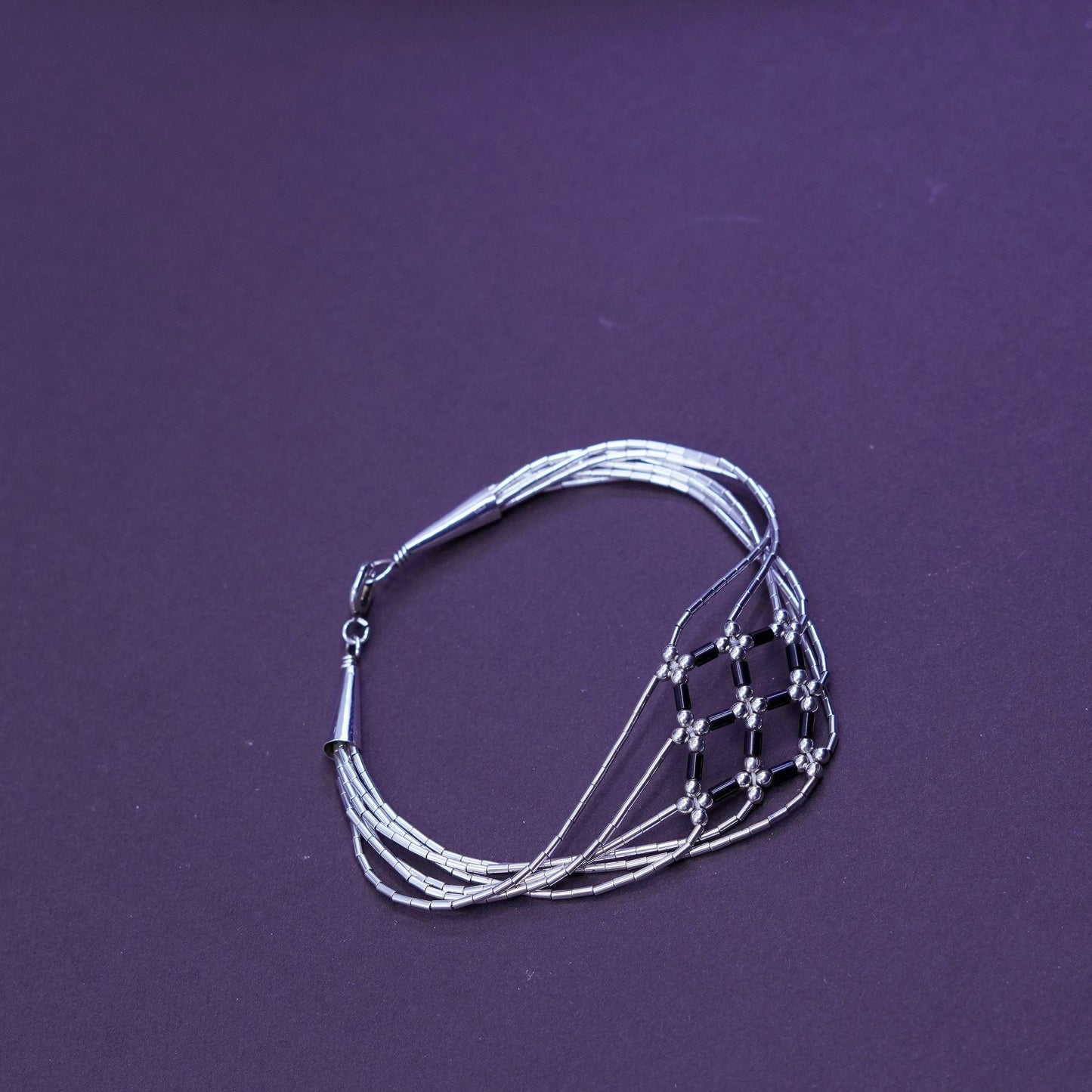 7”, 925 handmade bracelet, 5 multi strands liquid Silver chain with obsidian