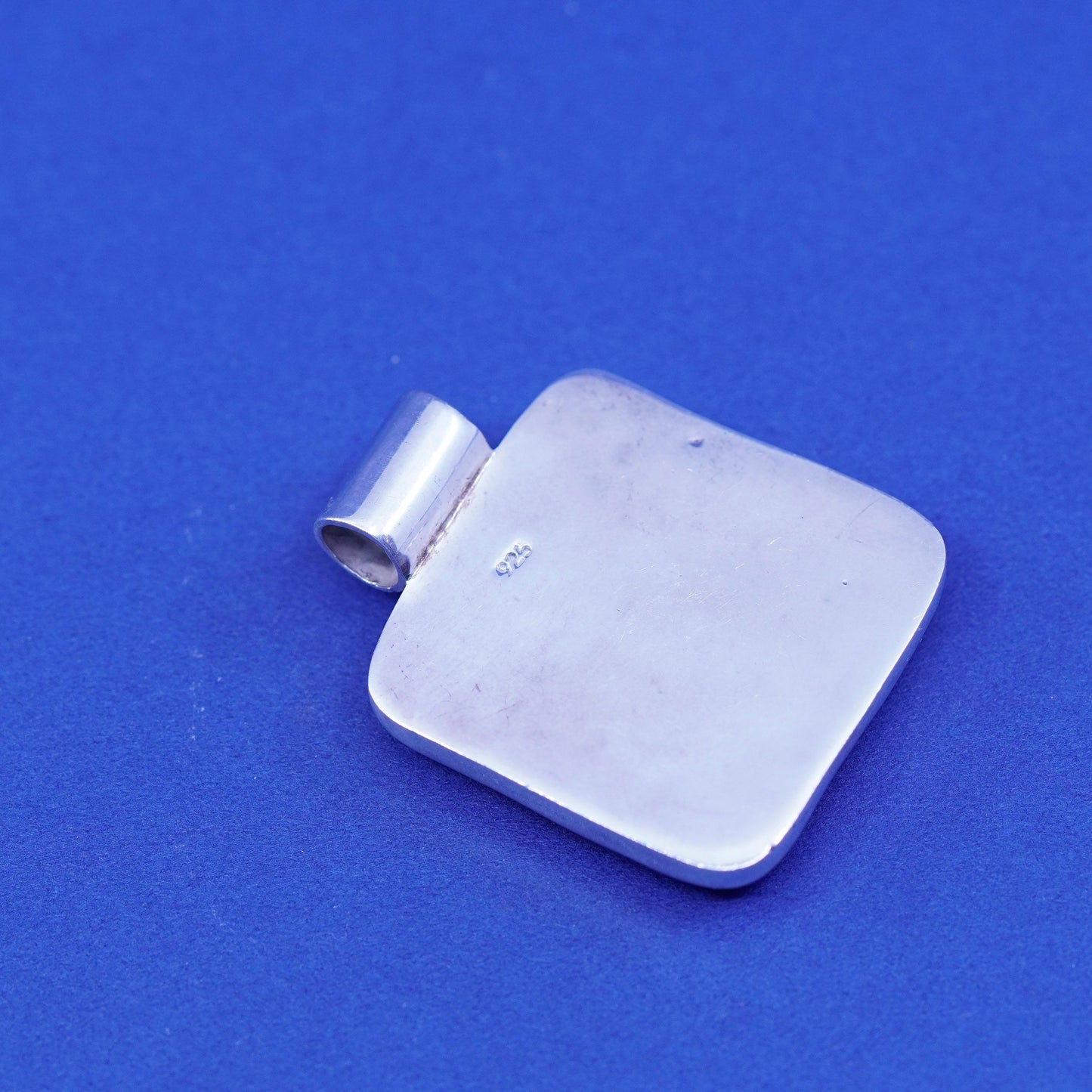 Vintage sterling 925 silver handmade pendant with square blue dichroic glass