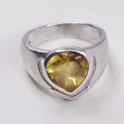 Sz 6, Sterling Silver handmade Ring, 925 Silver W/ Heart citrine, Stamped 925