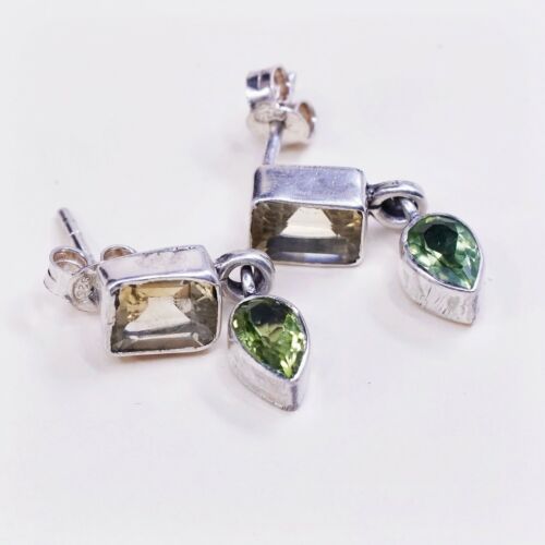 Vintage Modern Sterling Silver Handmade Earrings, 925 W/ Citrine N Peridot