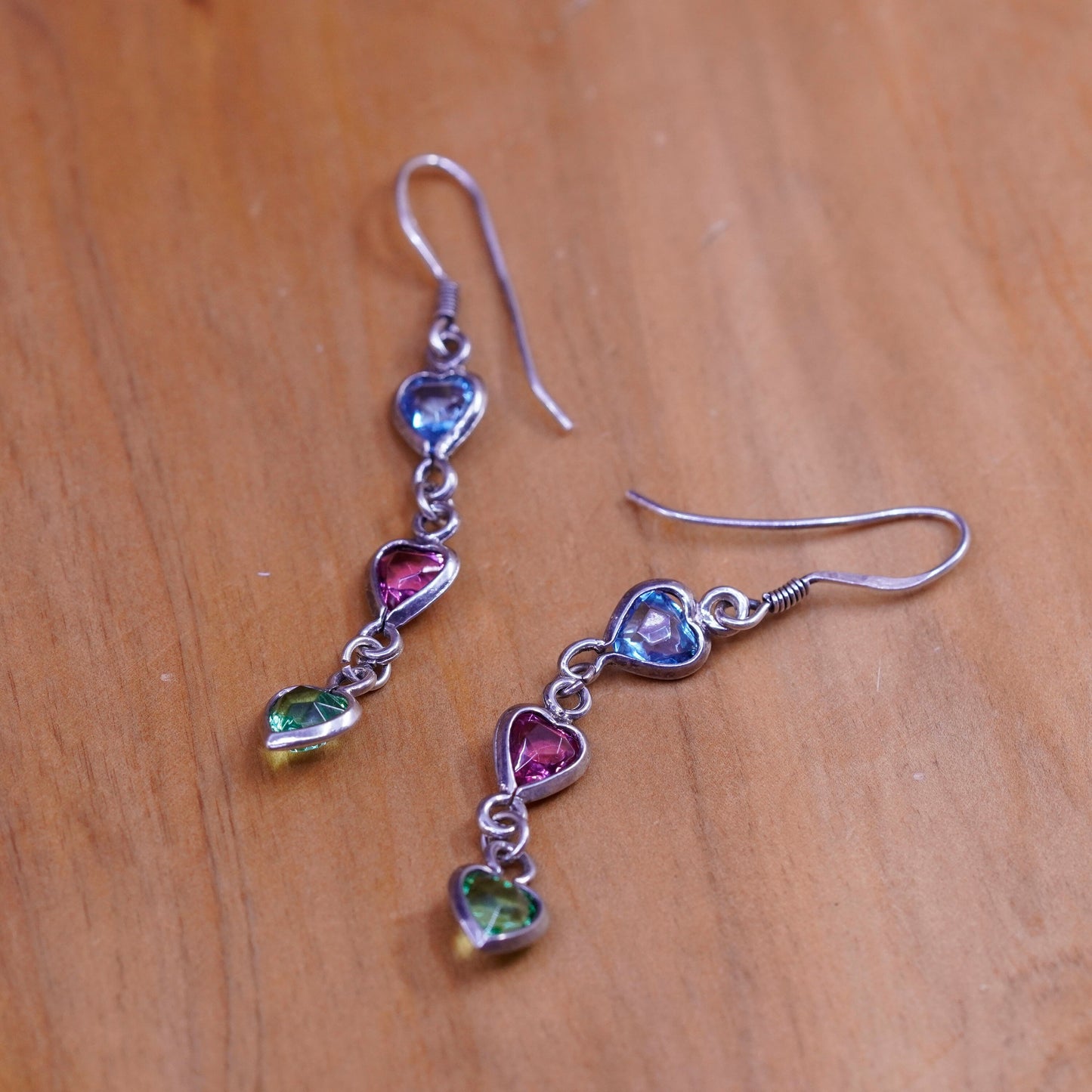 Vintage Sterling silver handmade earrings, 925 heart cz drops