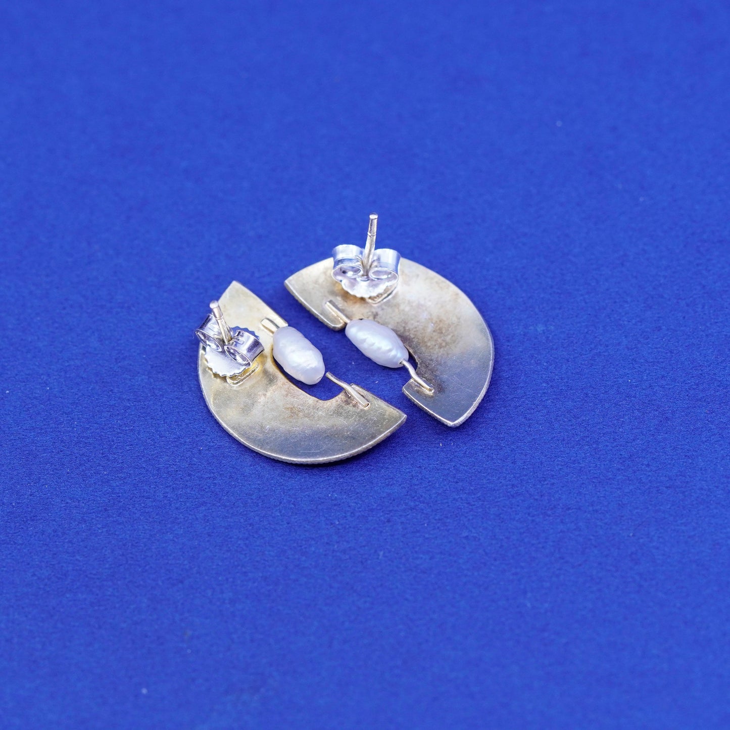 Vintage gold filled Sterling silver earrings, 925 studs pearl black enamel