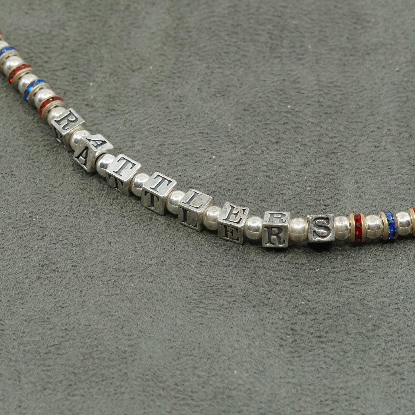 7", vtg Sterling 925 silver chain, ruby N crystal beads bracelet w/ rattlers