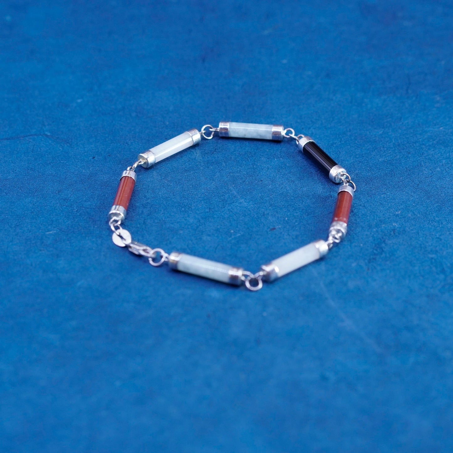 7”, vintage sterling 925 silver handmade bracelet jade, carnelian obsidian tube